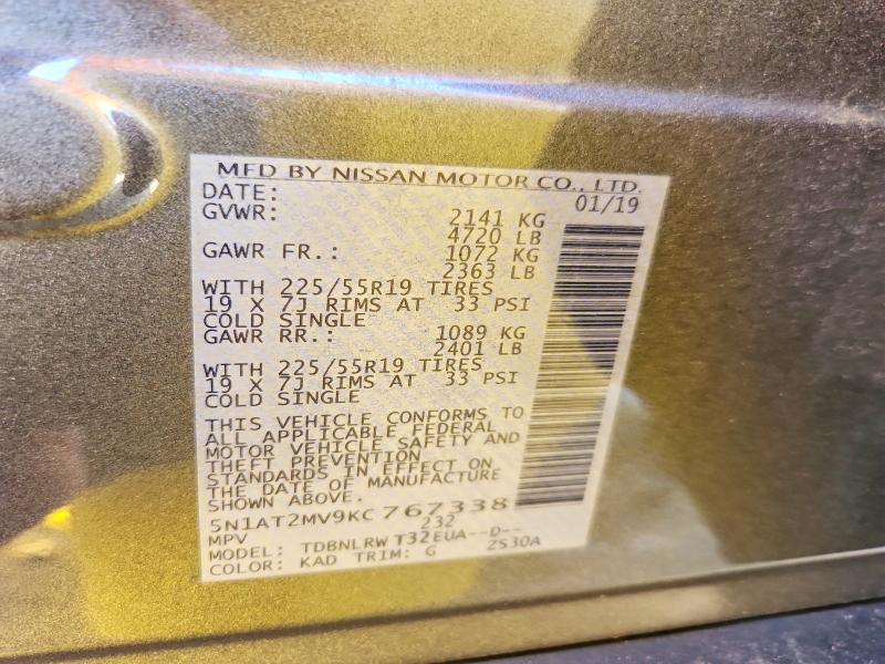 62142446 :رقم المزاد ، 5N1AT2MV9KC767338 vin ، 2019 Nissan Rogue مزاد بيع
