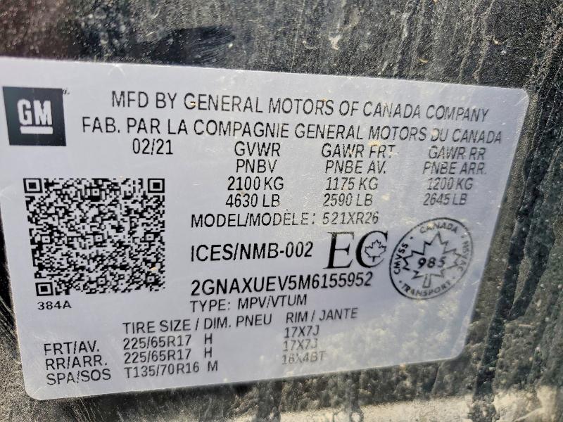 Aukcja sprzedaży 2021 Chevrolet Equinox, vin: 2GNAXUEV5M6155952, numer aukcji: 61580356