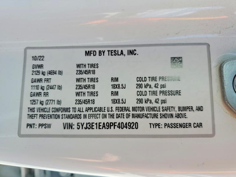 61907836 :رقم المزاد ، 5YJ3E1EA9PF404920 vin ، 2023 Tesla Model 3 مزاد بيع