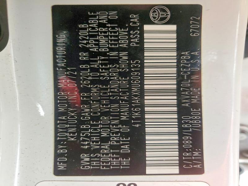 Продажа на аукционе авто 2021 Toyota Camry, vin: 4T1K61AKXMU609135, номер лота: 62522826