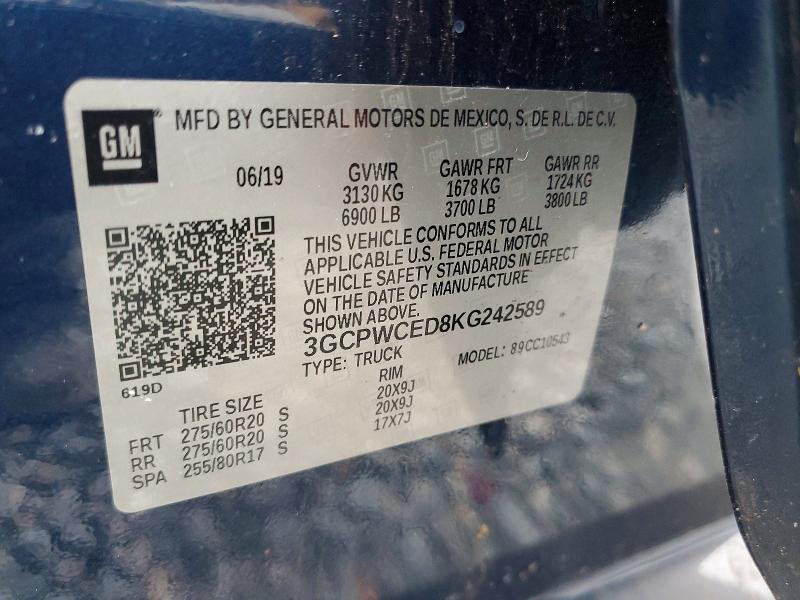 Aukcja sprzedaży 2019 Chevrolet Silverado, vin: 3GCPWCED8KG242589, numer aukcji: 62680186