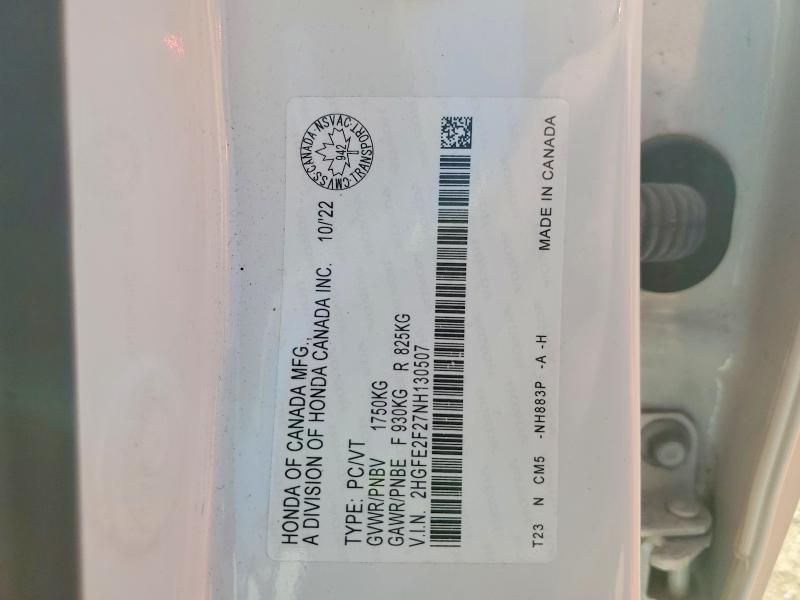 Aukcja sprzedaży 2022 Honda Civic, vin: 2HGFE2F27NH130507, numer aukcji: 62050506
