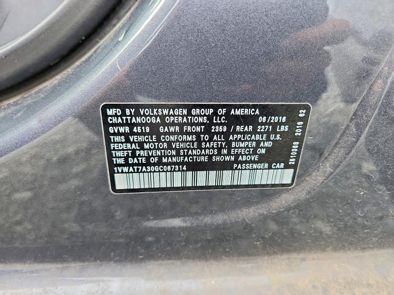 61140976 :رقم المزاد ، 1VWAT7A30GC067314 vin ، 2016 Volkswagen Passat مزاد بيع