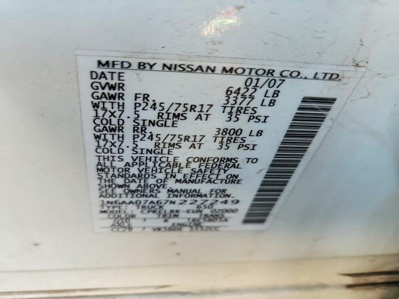 Aukcja sprzedaży 2007 Nissan Titan, vin: 1N6AA07A67N227249, numer aukcji: 60143266