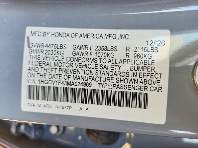 60630766 :رقم المزاد ، 1HGCV1F43MA024969 vin ، 2021 Honda Accord مزاد بيع