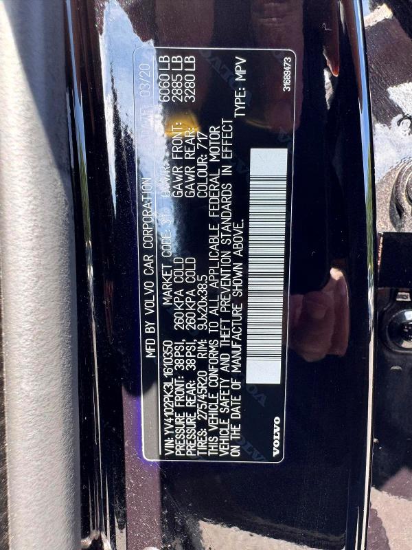 62202136 :رقم المزاد ، YV4102PK3L1610350 vin ، 2020 Volvo Xc90 مزاد بيع