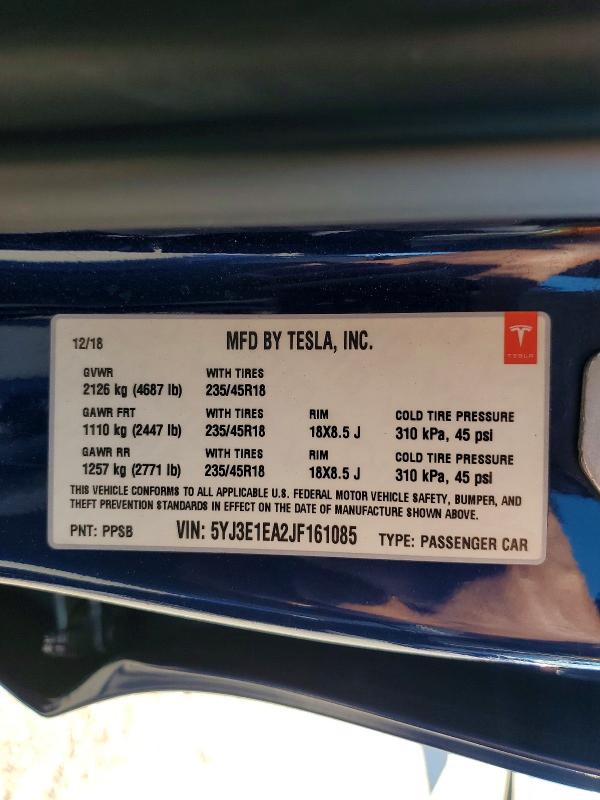 Продаж на аукціоні авто 2018 Tesla Model 3, vin: 5YJ3E1EA2JF161085, номер лоту: 58729926