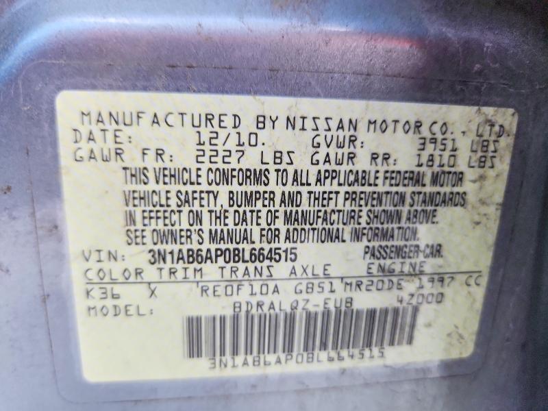 2011 Nissan Sentra მანქანა იყიდება აუქციონზე, vin: 3N1AB6AP0BL664515, აუქციონის ნომერი: 61182036