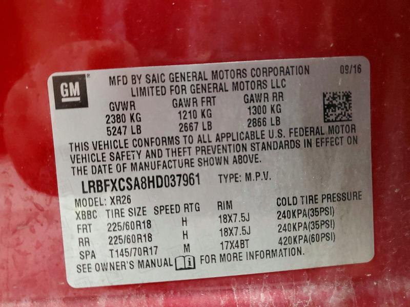2017 Buick Envision მანქანა იყიდება აუქციონზე, vin: LRBFXCSA8HD037961, აუქციონის ნომერი: 62594026
