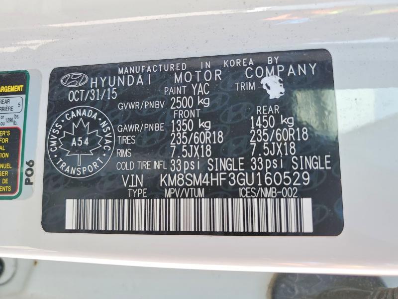 Aukcja sprzedaży 2016 Hyundai Santa Fe, vin: KM8SM4HF3GU160529, numer aukcji: 63476626