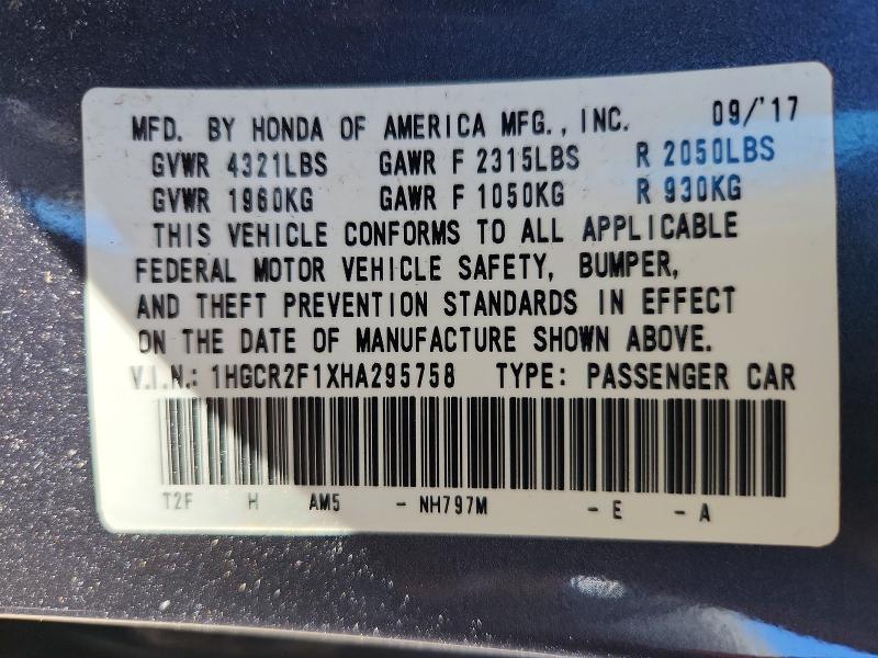 2017 Honda Accord მანქანა იყიდება აუქციონზე, vin: 1HGCR2F1XHA295758, აუქციონის ნომერი: 60962606