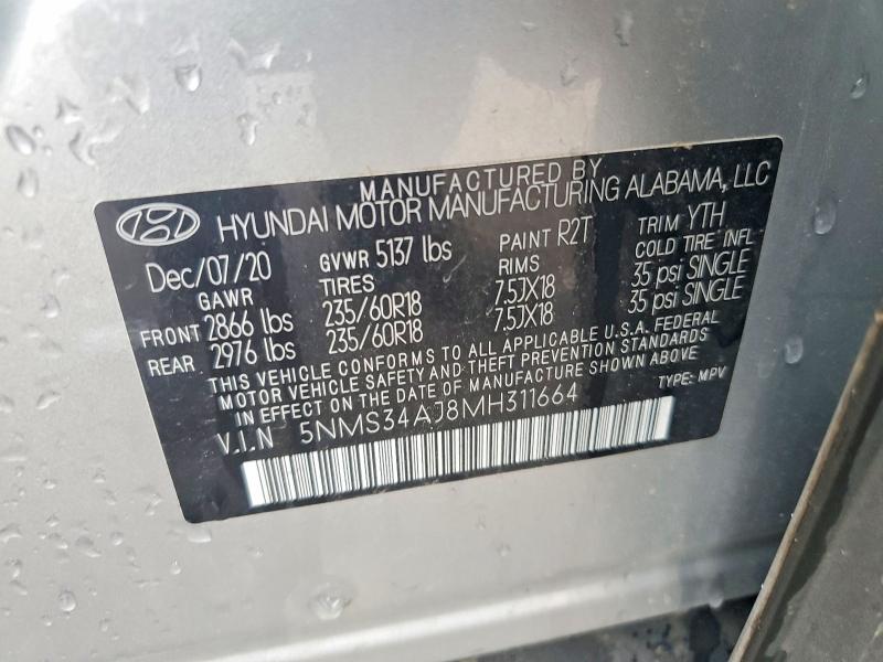 Aukcja sprzedaży 2021 Hyundai Santa Fe, vin: 5NMS34AJ8MH311664, numer aukcji: 60940216