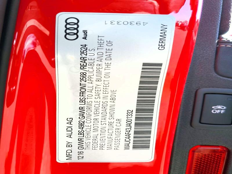 2018 Audi S4 მანქანა იყიდება აუქციონზე, vin: WAUC4AF43JA001332, აუქციონის ნომერი: 61243976