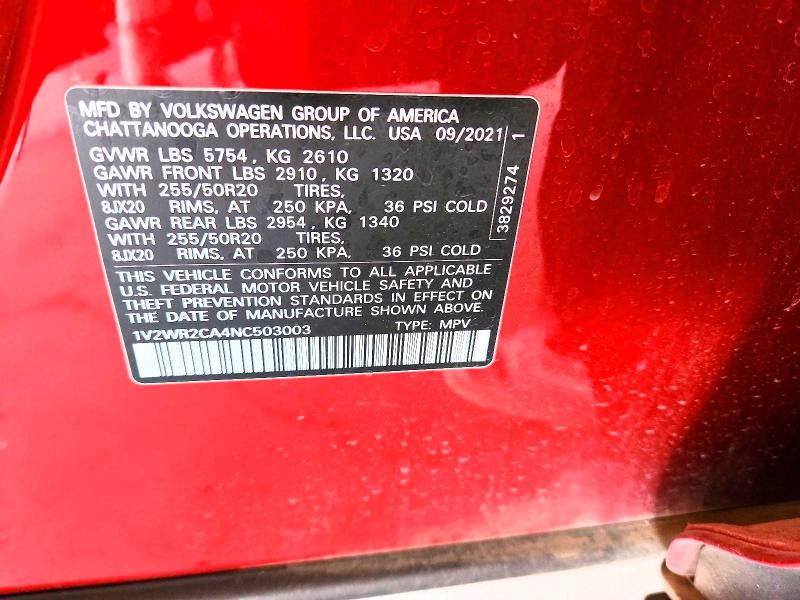 Продаж на аукціоні авто 2022 Volkswagen Atlas, vin: 1V2WR2CA4NC503003, номер лоту: 62133006