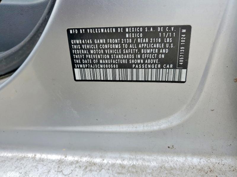 2012 Volkswagen Jetta მანქანა იყიდება აუქციონზე, vin: 3VWBP7AJ3CM080560, აუქციონის ნომერი: 59585106