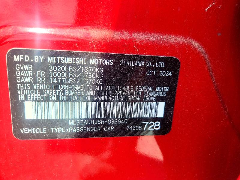 2024 Mitsubishi Mirage მანქანა იყიდება აუქციონზე, vin: ML32AUHJ8RH033940, აუქციონის ნომერი: 62857216