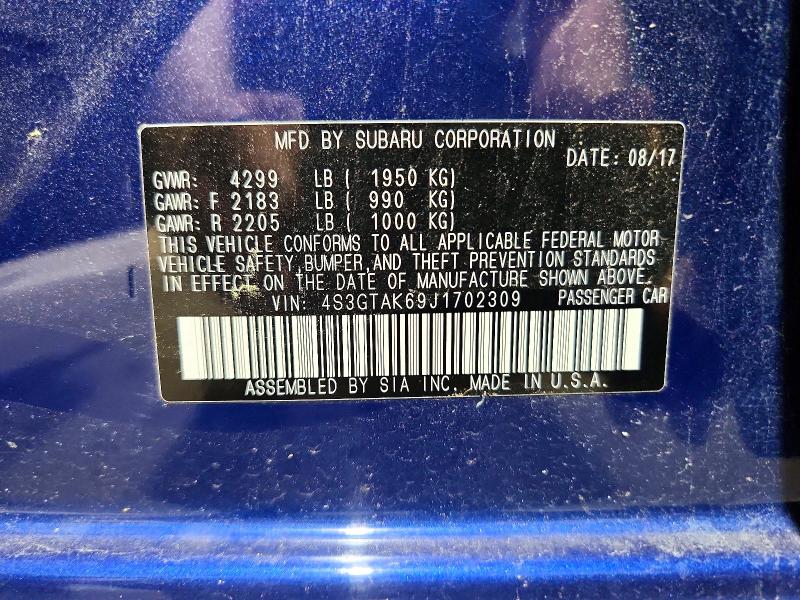 2018 Subaru Impreza მანქანა იყიდება აუქციონზე, vin: 4S3GTAK69J1702309, აუქციონის ნომერი: 59850086
