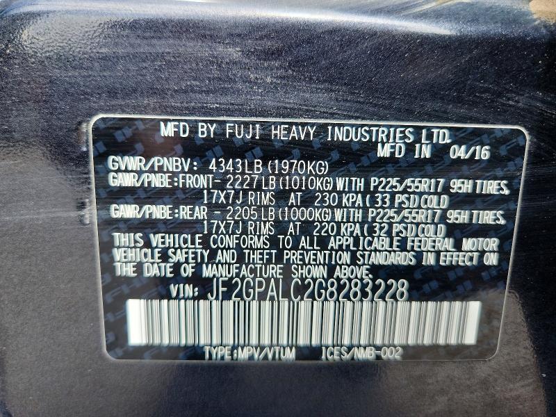 Aukcja sprzedaży 2016 Subaru Crosstrek, vin: JF2GPALC2G8283228, numer aukcji: 62805436