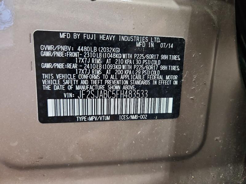 59637036 :رقم المزاد ، JF2SJABC5FH483533 vin ، 2015 Subaru Forester مزاد بيع
