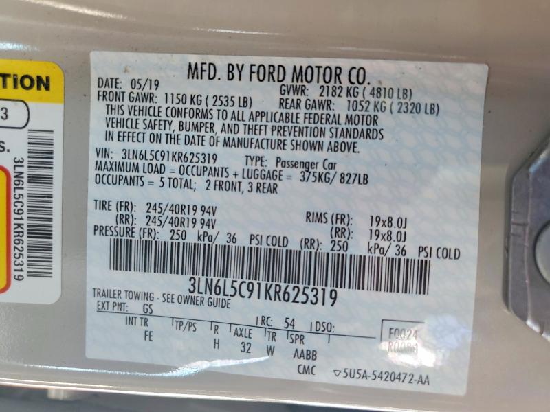 Продаж на аукціоні авто 2019 Lincoln Mkz, vin: 3LN6L5C91KR625319, номер лоту: 62647026