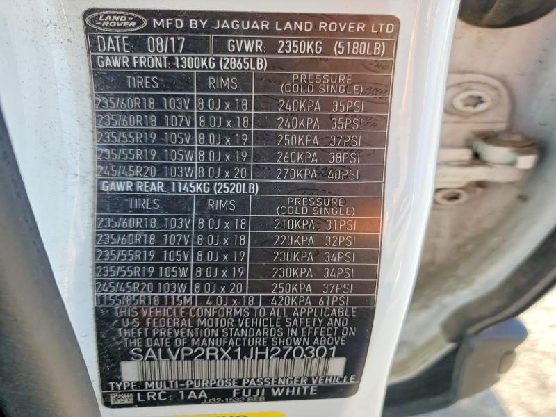 Продажа на аукционе авто 2018 Land Rover Range Rover Evoque, vin: SALVP2RX1JH270301, номер лота: 60570476