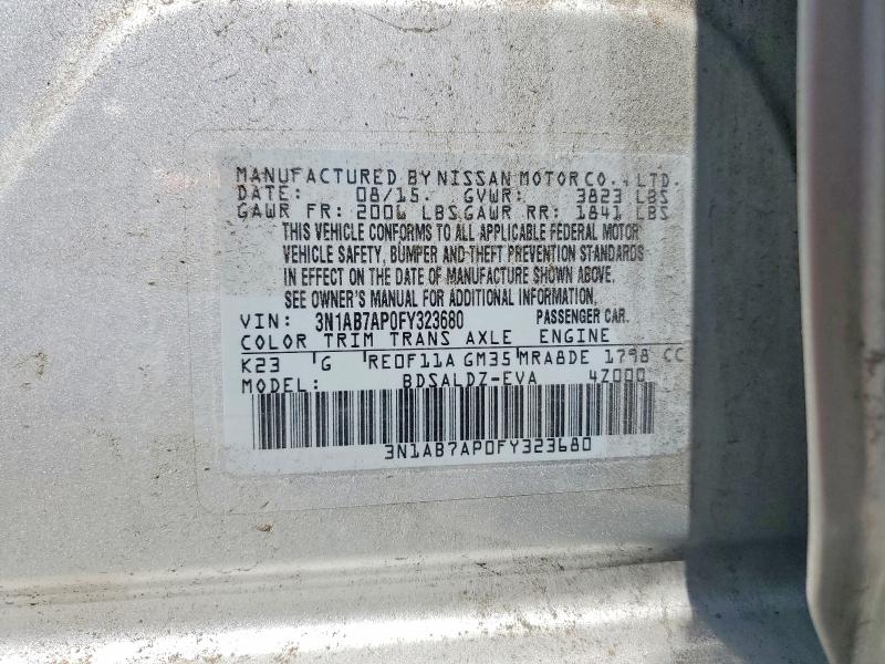 2015 Nissan Sentra მანქანა იყიდება აუქციონზე, vin: 3N1AB7AP0FY323680, აუქციონის ნომერი: 61280356
