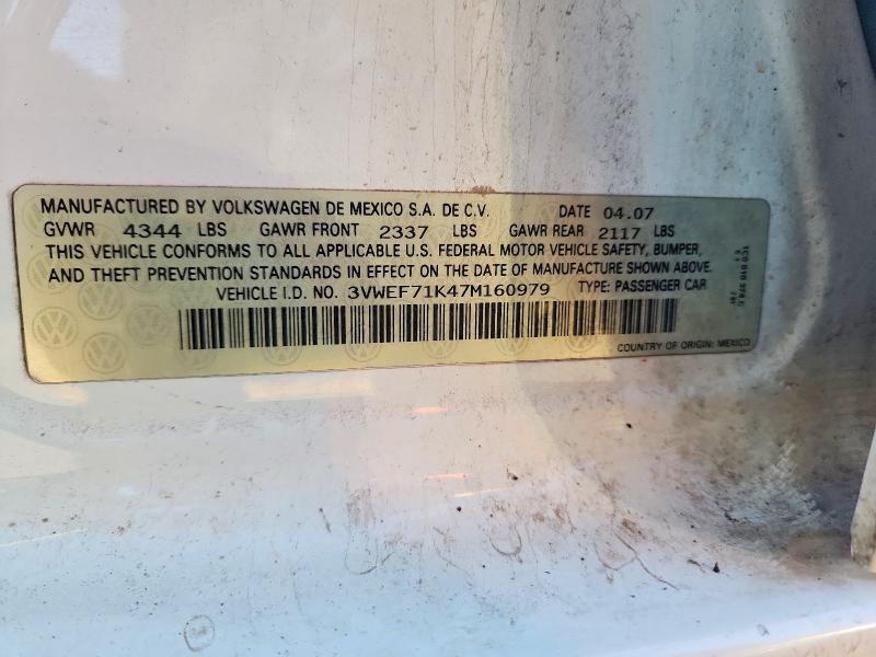 62530716 :رقم المزاد ، 3VWEF71K47M160979 vin ، 2007 Volkswagen Jetta مزاد بيع