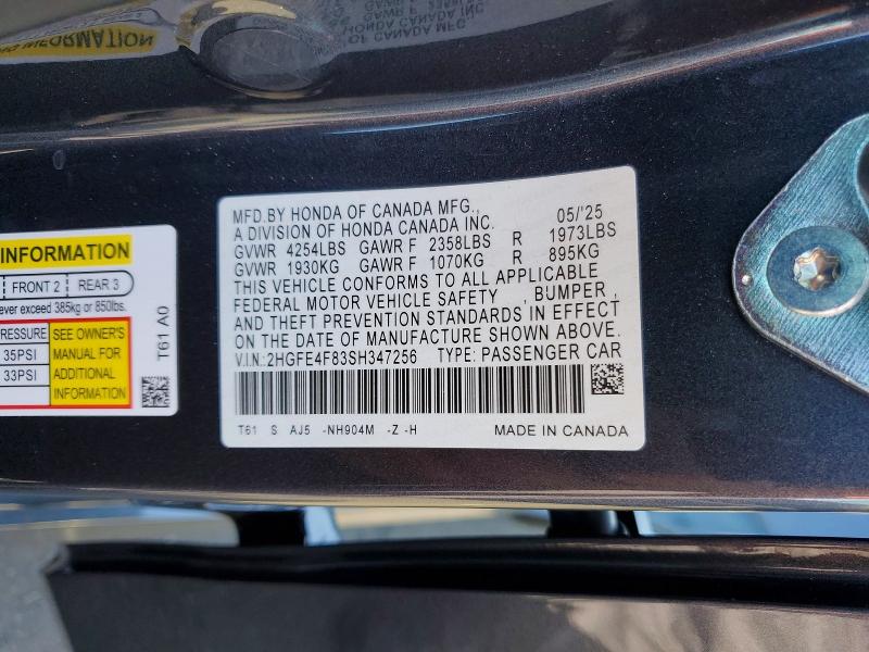 2025 Honda Civic მანქანა იყიდება აუქციონზე, vin: 2HGFE4F83SH347256, აუქციონის ნომერი: 59919856
