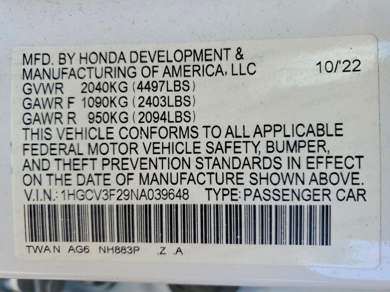 Продаж на аукціоні авто 2022 Honda Accord, vin: 1HGCV3F29NA039648, номер лоту: 59905696