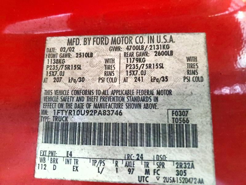 2002 Ford Ranger მანქანა იყიდება აუქციონზე, vin: 1FTYR10U92PA83746, აუქციონის ნომერი: 60548596