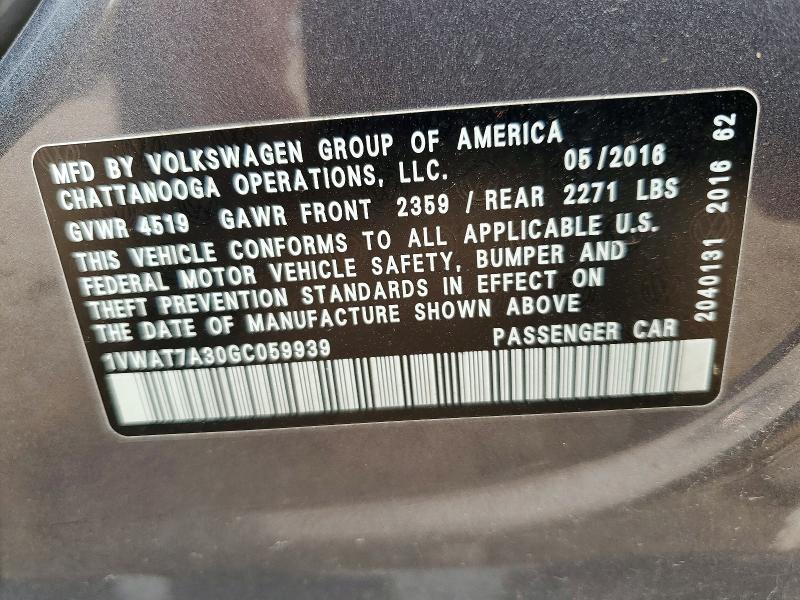 2016 Volkswagen Passat მანქანა იყიდება აუქციონზე, vin: 1VWAT7A30GC059939, აუქციონის ნომერი: 61598476