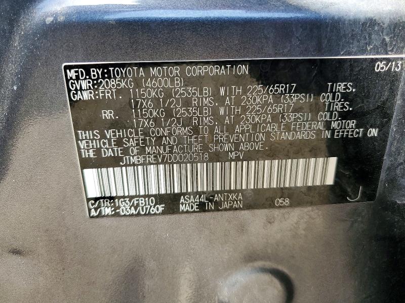 59809376 :رقم المزاد ، JTMBFREV7DD020518 vin ، 2013 Toyota Rav4 مزاد بيع