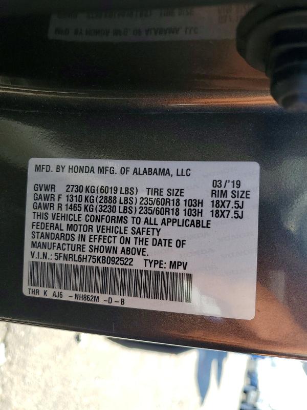 62993826 :رقم المزاد ، 5FNRL6H75KB092522 vin ، 2019 Honda Odyssey مزاد بيع