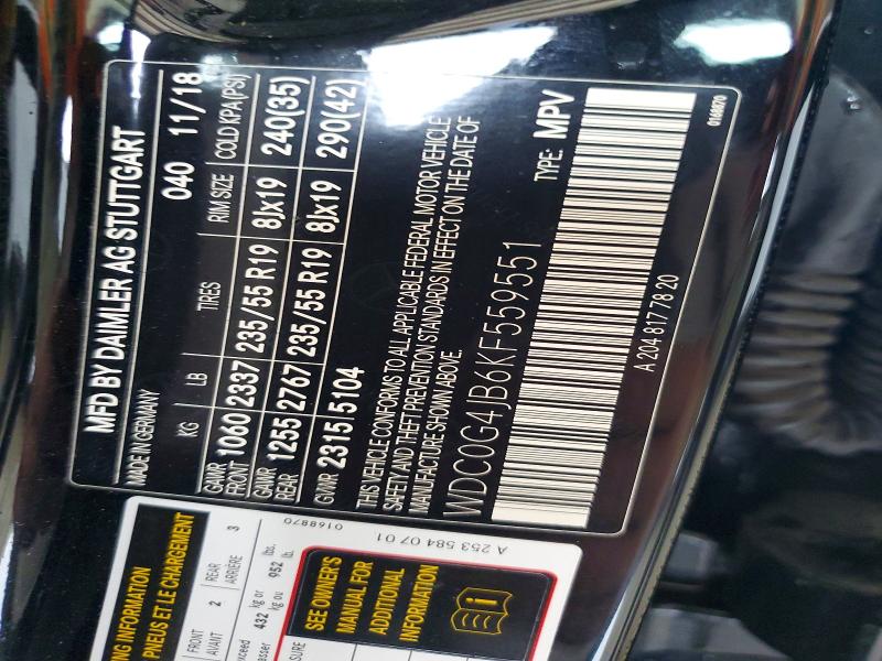 2019 Mercedes-benz Glc მანქანა იყიდება აუქციონზე, vin: WDC0G4JB6KF559551, აუქციონის ნომერი: 60635046