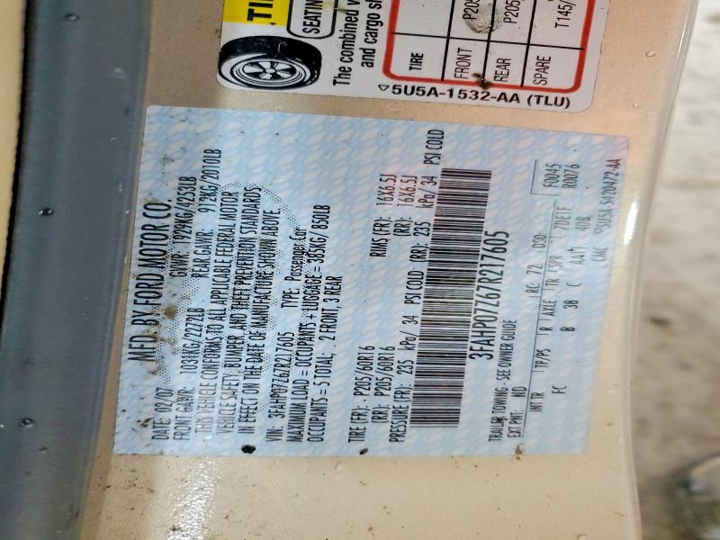 2007 Ford Fusion მანქანა იყიდება აუქციონზე, vin: 3FAHP07Z67R217605, აუქციონის ნომერი: 62639366