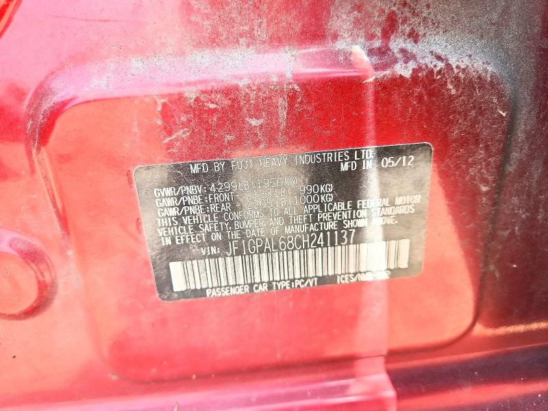 2012 Subaru Impreza მანქანა იყიდება აუქციონზე, vin: JF1GPAL68CH241137, აუქციონის ნომერი: 61542366