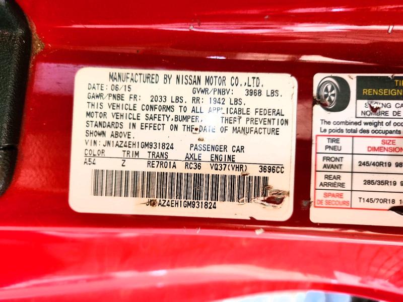 Aukcja sprzedaży 2016 Nissan 370z, vin: JN1AZ4EH1GM931824, numer aukcji: 63586256