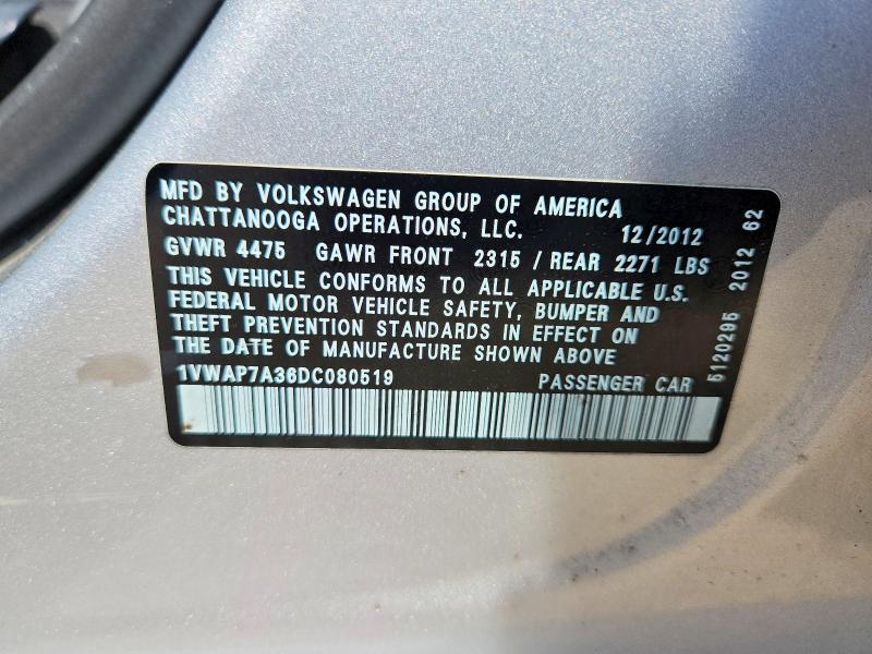 Aukcja sprzedaży 2013 Volkswagen Passat, vin: 1VWAP7A36DC080519, numer aukcji: 59262436