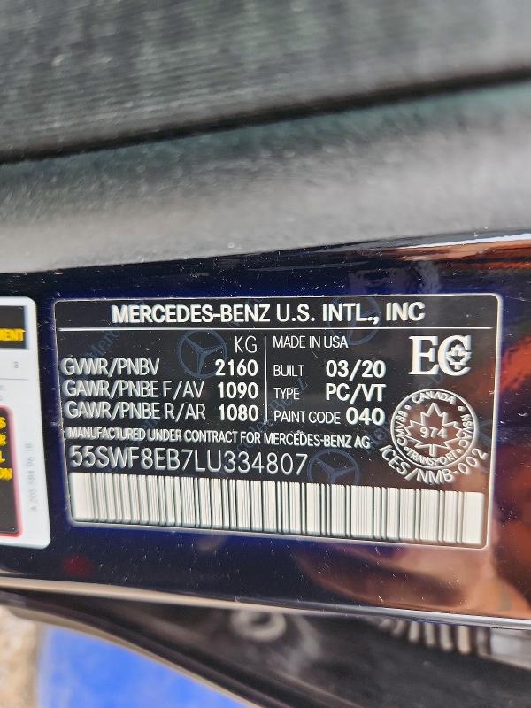 2020 Mercedes-benz C მანქანა იყიდება აუქციონზე, vin: 55SWF8EB7LU334807, აუქციონის ნომერი: 58956336