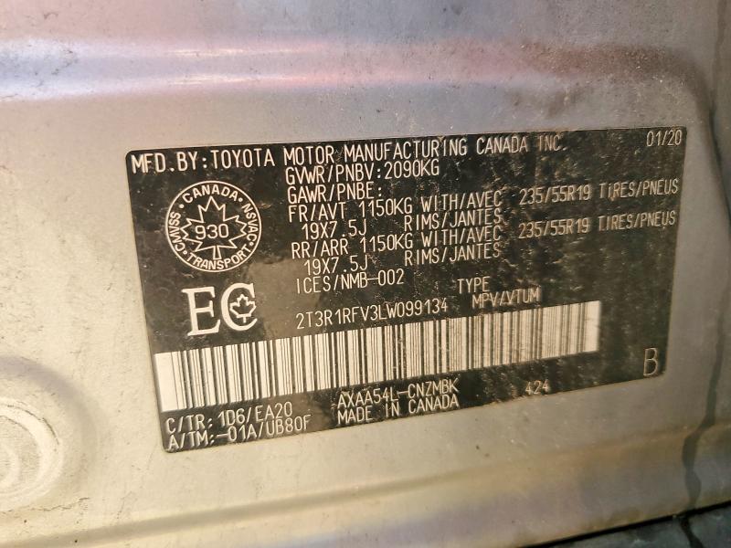 61112536 :رقم المزاد ، 2T3R1RFV3LW099134 vin ، 2020 Toyota Rav4 مزاد بيع