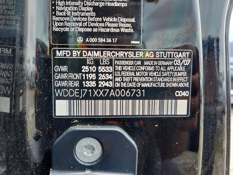 58873606 :رقم المزاد ، WDDEJ71XX7A006731 vin ، 2007 Mercedes-benz Cl مزاد بيع