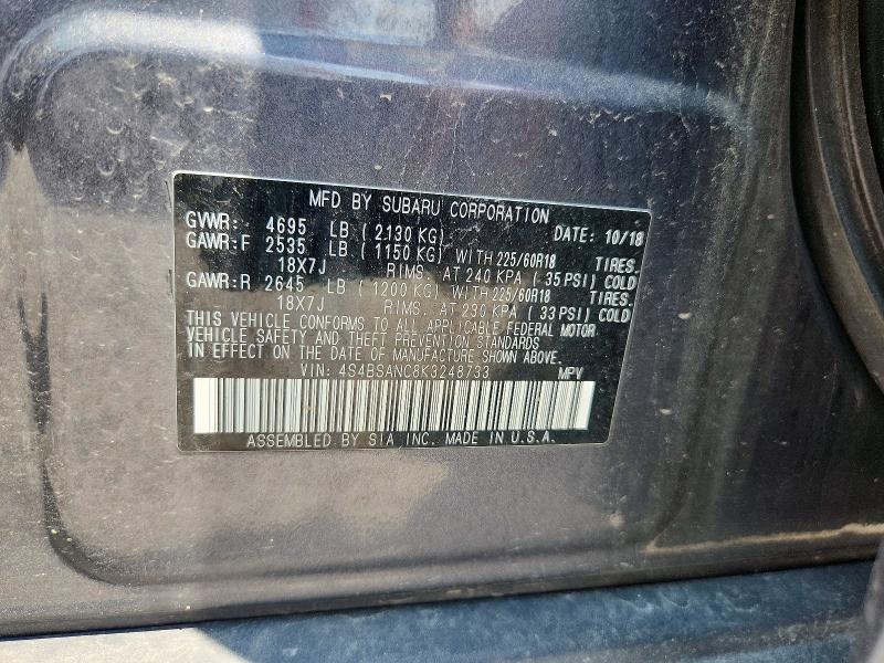 61079316 :رقم المزاد ، 4S4BSANC8K3248733 vin ، 2019 Subaru Outback مزاد بيع