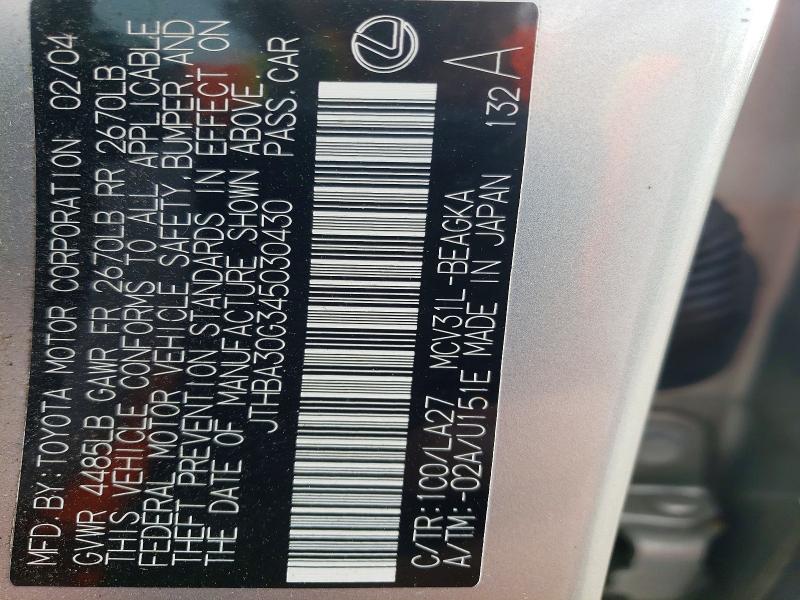 Продаж на аукціоні авто 2004 Lexus Es, vin: JTHBA30G345030430, номер лоту: 62743236