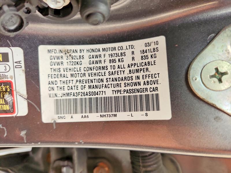 2010 Honda Civic მანქანა იყიდება აუქციონზე, vin: JHMFA3F26AS004771, აუქციონის ნომერი: 61335606
