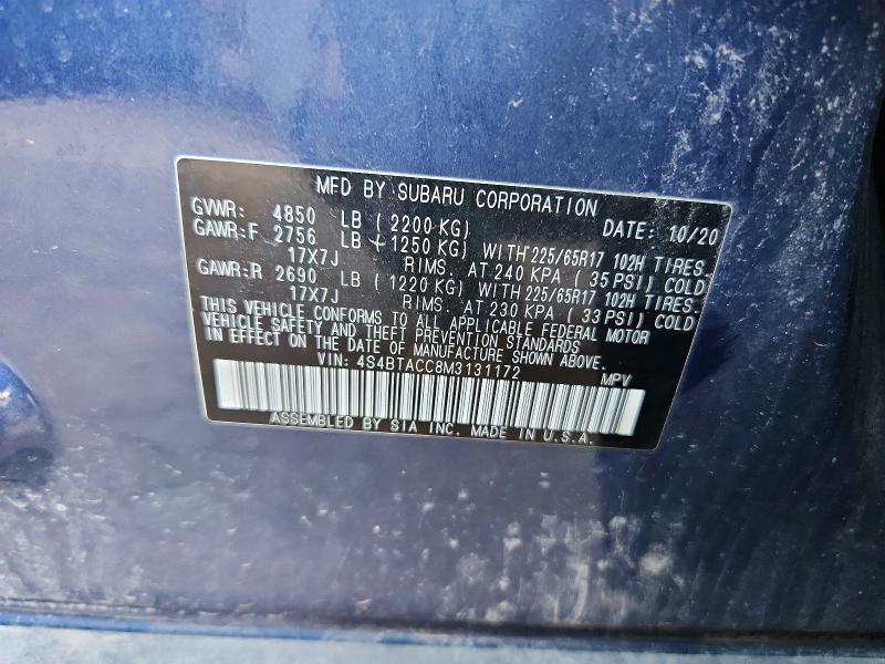 63127806 :رقم المزاد ، 4S4BTACC8M3131172 vin ، 2021 Subaru Outback مزاد بيع