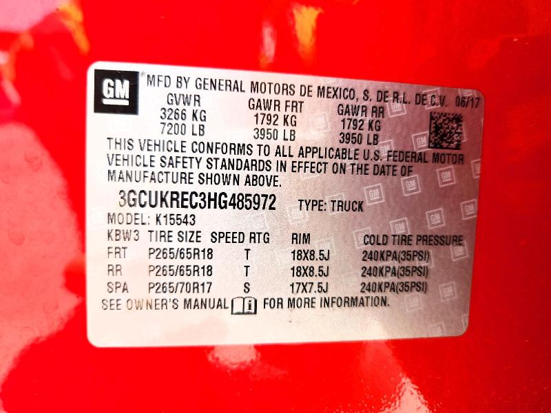 2017 Chevrolet Silverado მანქანა იყიდება აუქციონზე, vin: 3GCUKREC3HG485972, აუქციონის ნომერი: 60222326