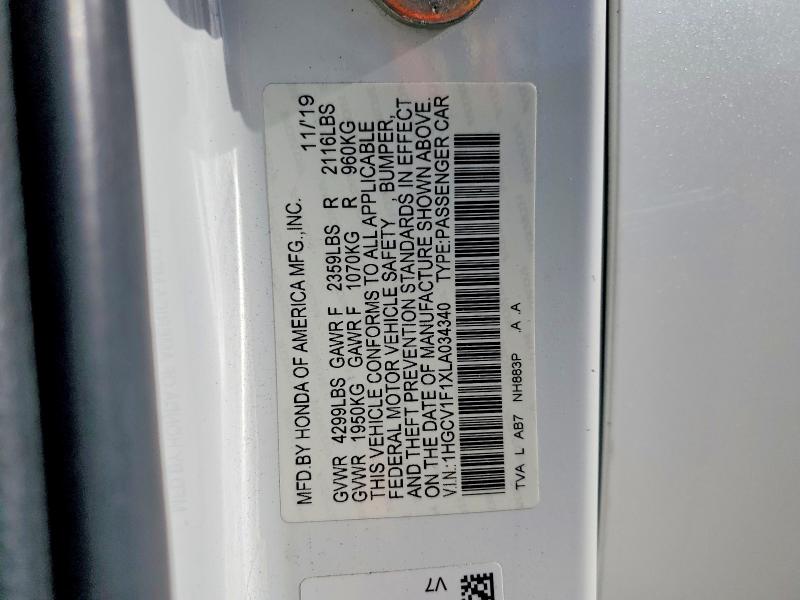 Aukcja sprzedaży 2020 Honda Accord, vin: 1HGCV1F1XLA034340, numer aukcji: 61785356