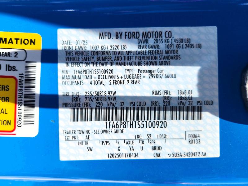 Aukcja sprzedaży 2025 Ford Mustang, vin: 1FA6P8TH1S5100920, numer aukcji: 60470846