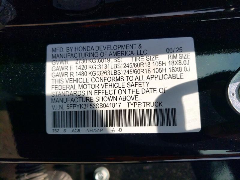 Продаж на аукціоні авто 2025 Honda Ridgeline, vin: 5FPYK3F53SB041817, номер лоту: 61530236