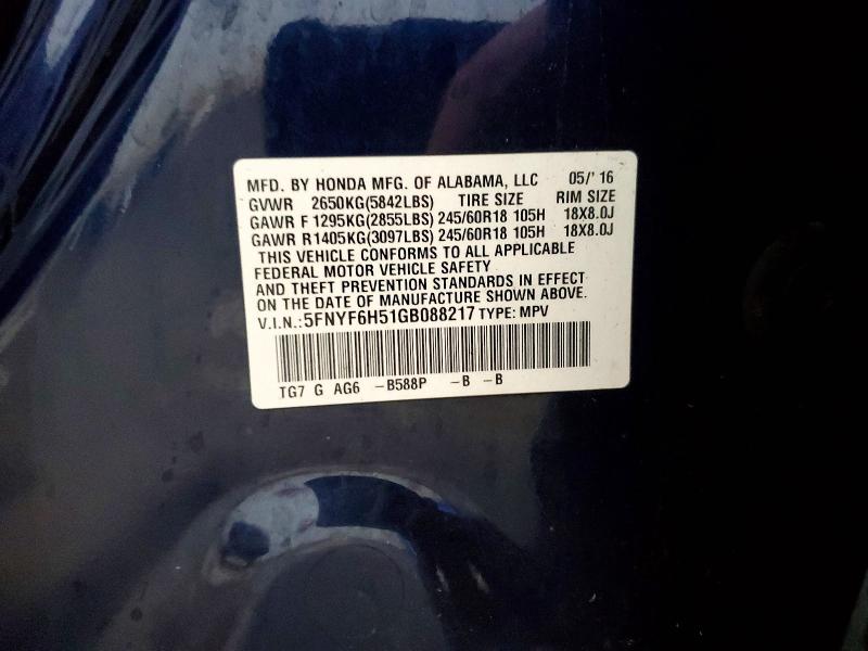 Продаж на аукціоні авто 2016 Honda Pilot, vin: 5FNYF6H51GB088217, номер лоту: 62141176